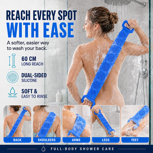 🚿✨ 70cm Long Reach Silicone Back Scrubber  🫧 Reach Your Back Easier • 🔄 Clean + Massage • 💧 Easy To Rinse