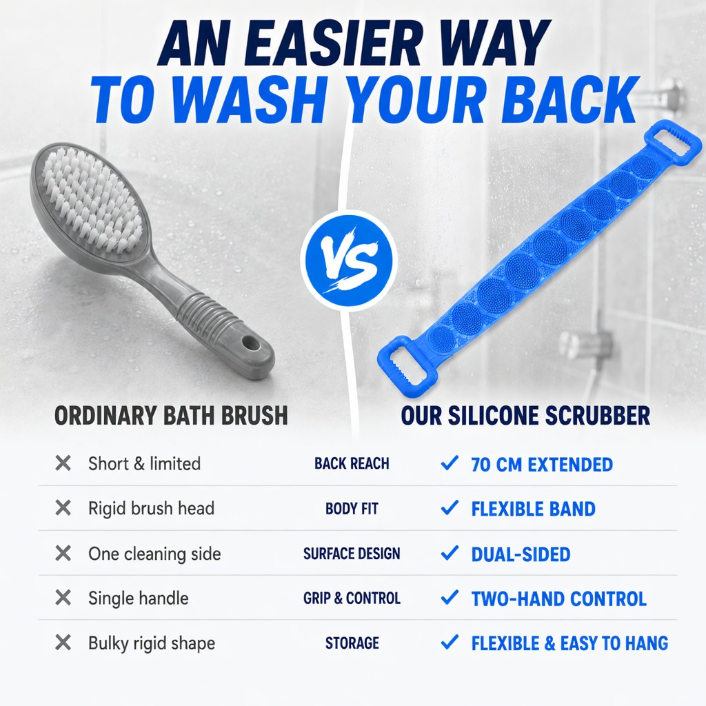 🚿✨ 70cm Long Reach Silicone Back Scrubber  🫧 Reach Your Back Easier • 🔄 Clean + Massage • 💧 Easy To Rinse