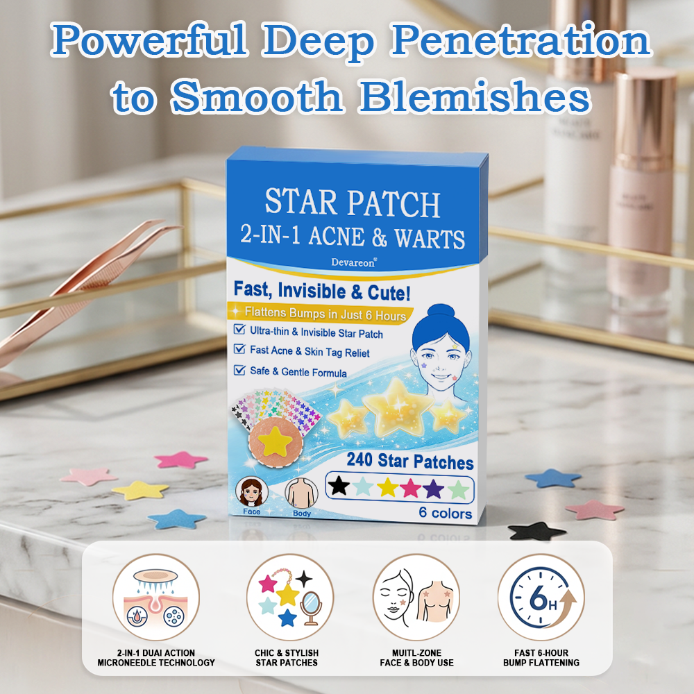 Devareon® 2-in-1 Microneedle & Hydrocolloid Star Patch 🌟 | Acne, Blackheads, Skin Tags & Raised Blemishes Remover 💫 | 6 Colors Pimple Patch for Face & Neck 🌸 | Invisible Star Zit Stickers ✨