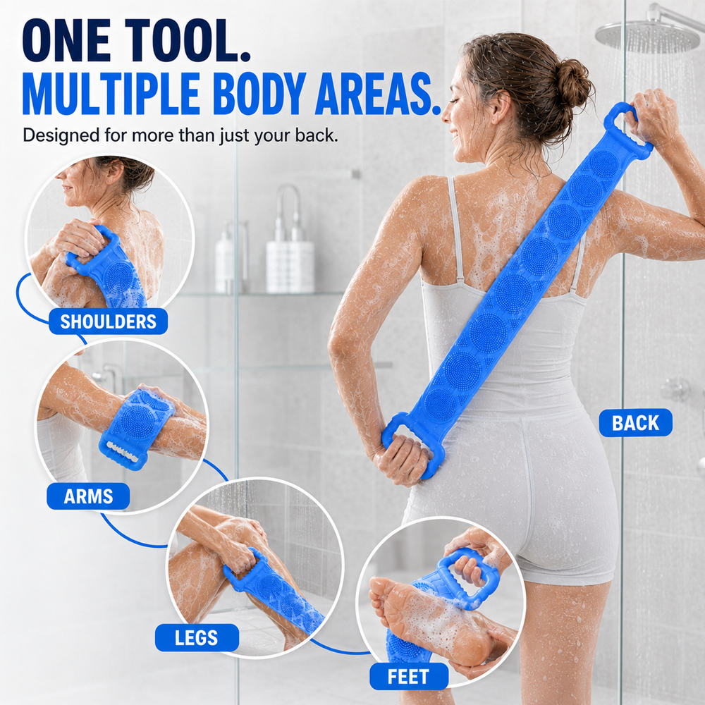 🚿✨ 70cm Long Reach Silicone Back Scrubber  🫧 Reach Your Back Easier • 🔄 Clean + Massage • 💧 Easy To Rinse