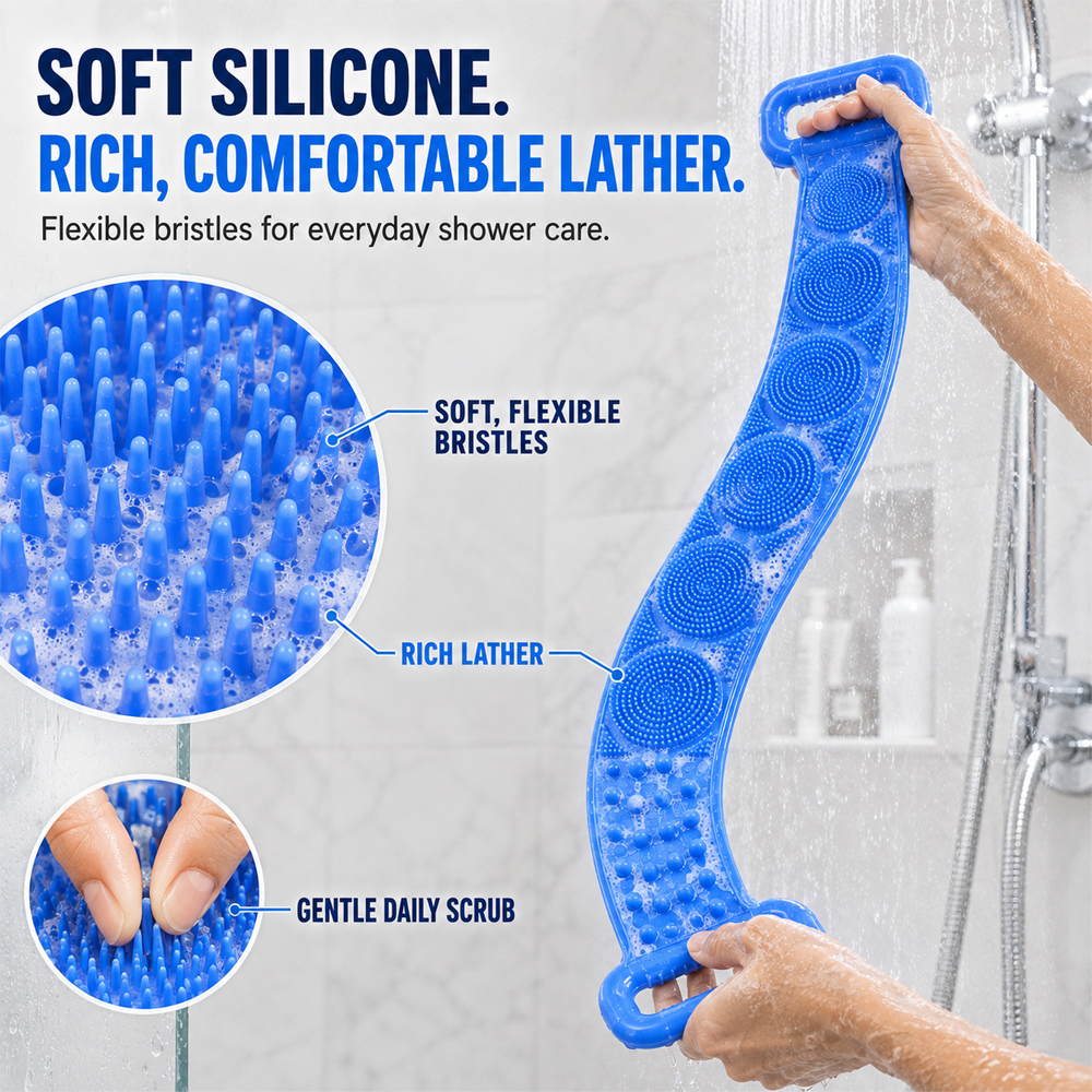 🚿✨ 70cm Long Reach Silicone Back Scrubber  🫧 Reach Your Back Easier • 🔄 Clean + Massage • 💧 Easy To Rinse