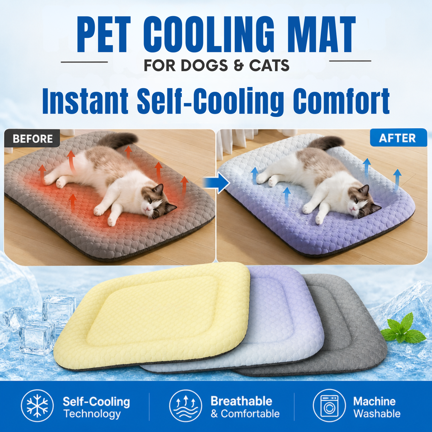 ❄️Pet Cooling Mat for Dogs & Cats 🐾  Naturally Cool Ice-Silk Pad • Breathable, Washable & Soft