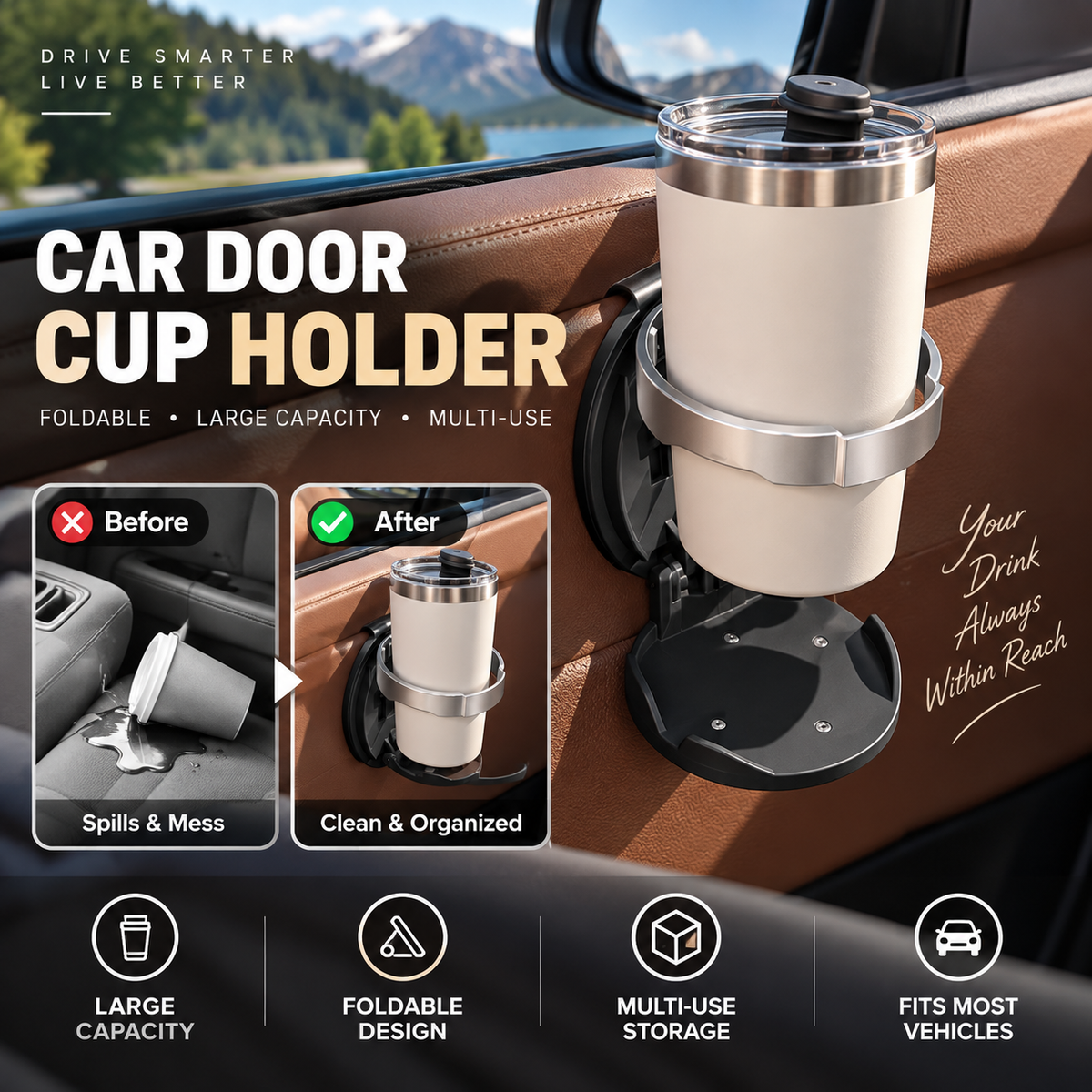 🚗 Last Day Special Price ! 🥤Multifunctional Foldable Car Door Cup Holder Large Diameter Drink and Water Bottle Storage Rack