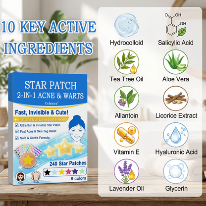 ✔Celsiora® 2-in-1 Microneedle & Hydrocolloid Star Patch | Acne, Raised Moles, Flat Warts & Skin Tags Remover | 6 Colors Pimple Patch for Face & Neck | Invisible Star Zit Stickers | 240 Count