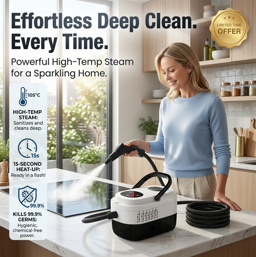🥳2026 HOT SALE🥳💞50K+ SOLD!📢⏰ 50% OFF! High‑Temp Steam Cleaner – 105°C steam, 15s heat‑up. Kills 99.9% germs, no chemicals. 6 levels, large 1100ml tank. Multi‑surface magic! 🔥✨