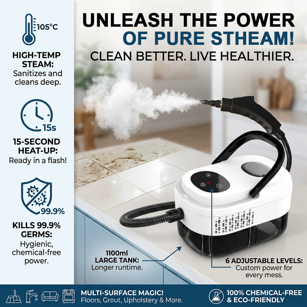 🥳2026 HOT SALE🥳💞50K+ SOLD!📢⏰ 50% OFF! High‑Temp Steam Cleaner – 105°C steam, 15s heat‑up. Kills 99.9% germs, no chemicals. 6 levels, large 1100ml tank. Multi‑surface magic! 🔥✨